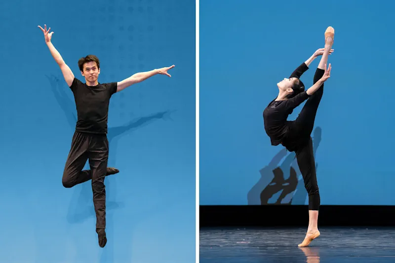 Танцоры Shen Yun Кендзи Кобаяси (слева) и Элли Жао (справа) участвуют в Международном конкурсе классического китайского танца New Tang Dyasty в 2016 и 2021 годах соответственно. (Larry Dye/The Epoch Times)